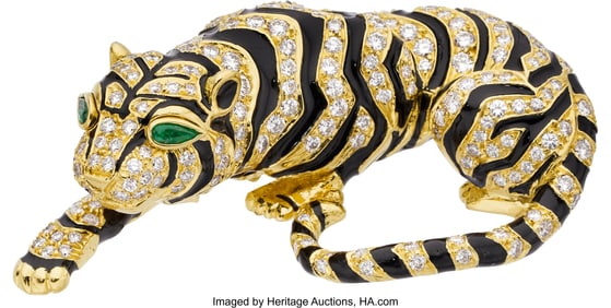 55333: David Webb Diamond, Emerald, Enamel, Gold Brooch