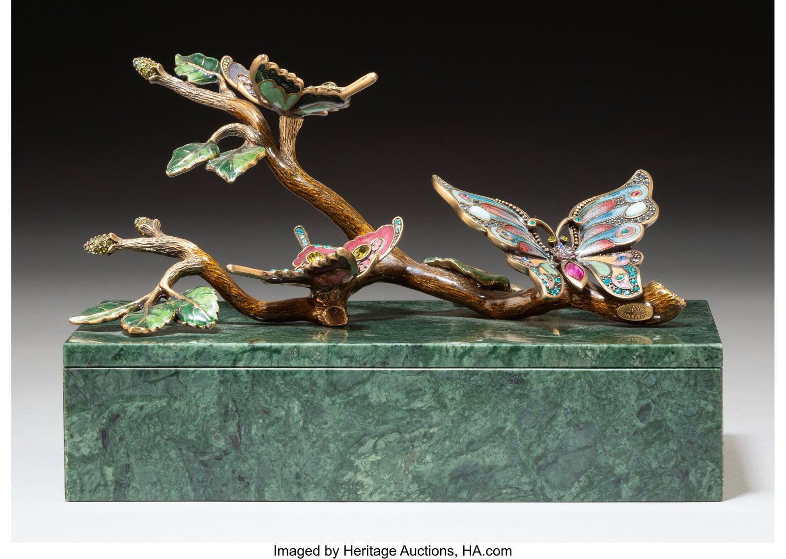 Jay Strongwater Covered Box, 21st century Enamel: Jay Strongwater Covered Box, 21st century Enameled metal, Swarovski crystals, marble 5-1/8 x 7-3/4 x 4-3/4 inches (13.0 x 19.7 x 12.1 cm) M