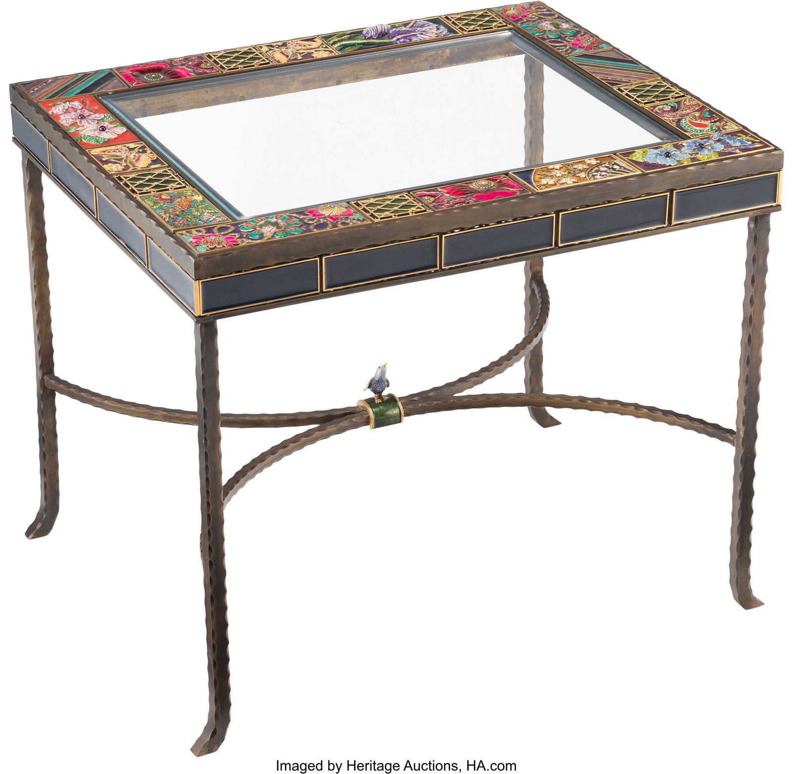 Jay Strongwater Side Table Enameled metal, wroug: Jay Strongwater Side Table Enameled metal, wrought iron, crystals, hardstones, glass 20 x 24 x 20 inches (50.8 x 61.0 x 50.8 cm) Property from a