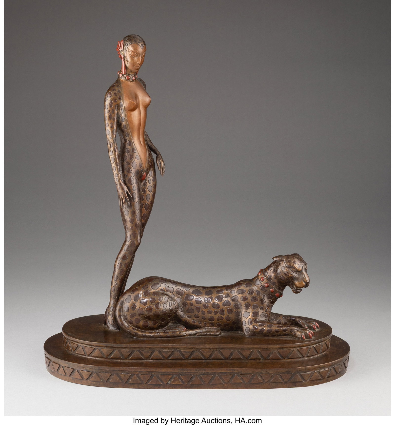 Erté (Romain de Tirtoff) La Femme à la Panthère, 1980: Erté (Romain de Tirtoff) La Femme à la Panthère, 1980 Cold-painted and partial gilt bronze 14-1/2 x 13-1/2 x 7 inches (36.8 x 34.3 x 17.8 cm) Ed. 138/250 Signed: Erté Impressed: © RKP INT CORP 19