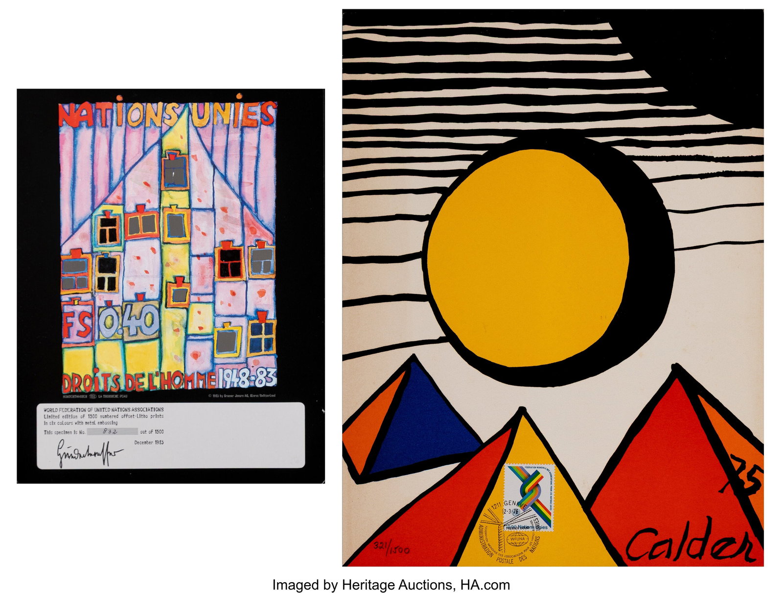 Alexander Calder (American, 1898-1976) Friedensr: Alexander Calder (American, 1898-1976) Friedensreich Hundertwasser (1928-2000) 30th Anniversary of the World Federation of the United Nations; La Troisieme Peau (tw