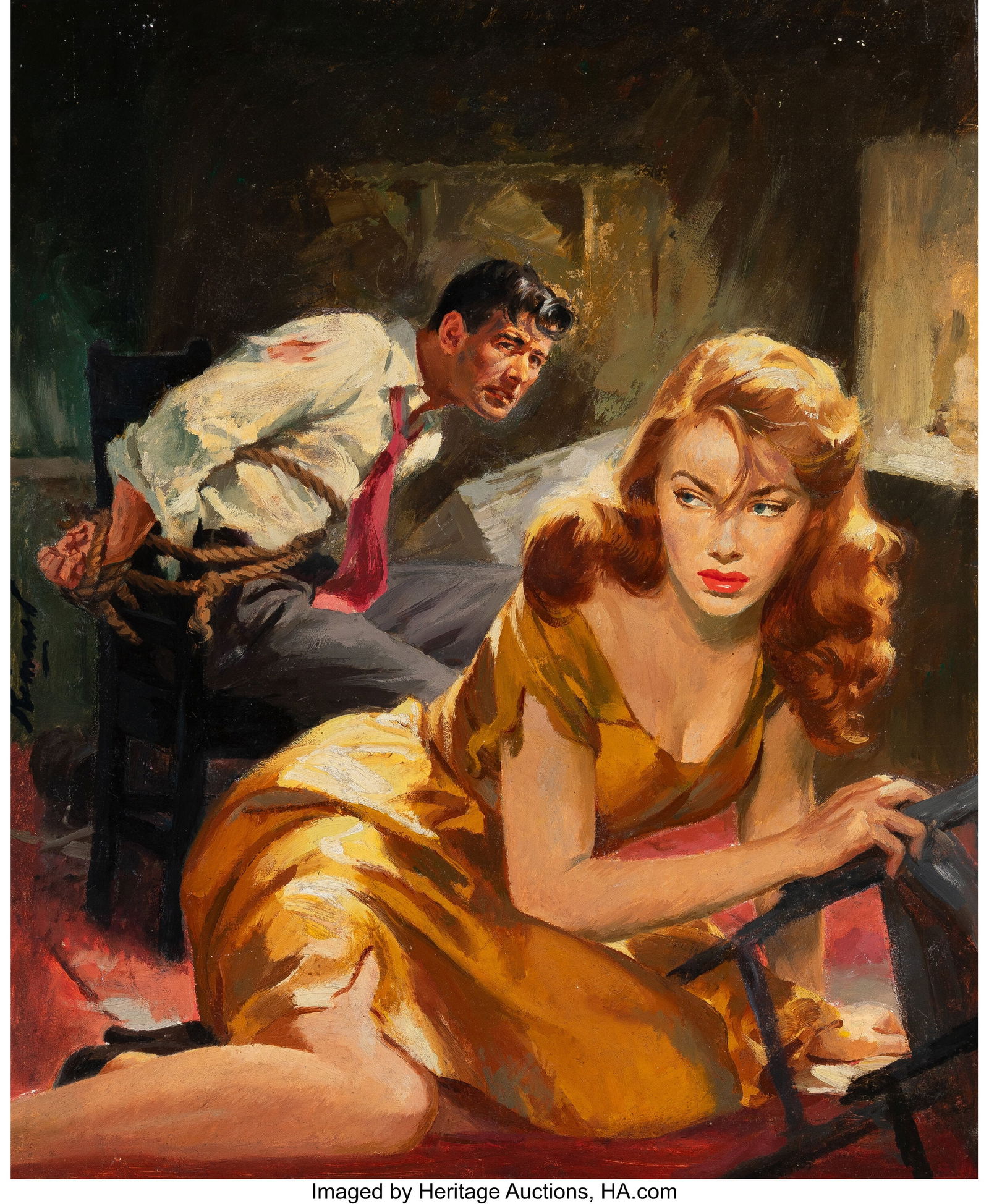 Lu Kimmel (American, 1905-1973) The Long Wait, M: Lu Kimmel (American, 1905-1973) The Long Wait, Mickey Spillane paperback cover, 1952 Oil on board 17-1/2 x 14-1/4 inches (44.5 x 36.2 cm) Si