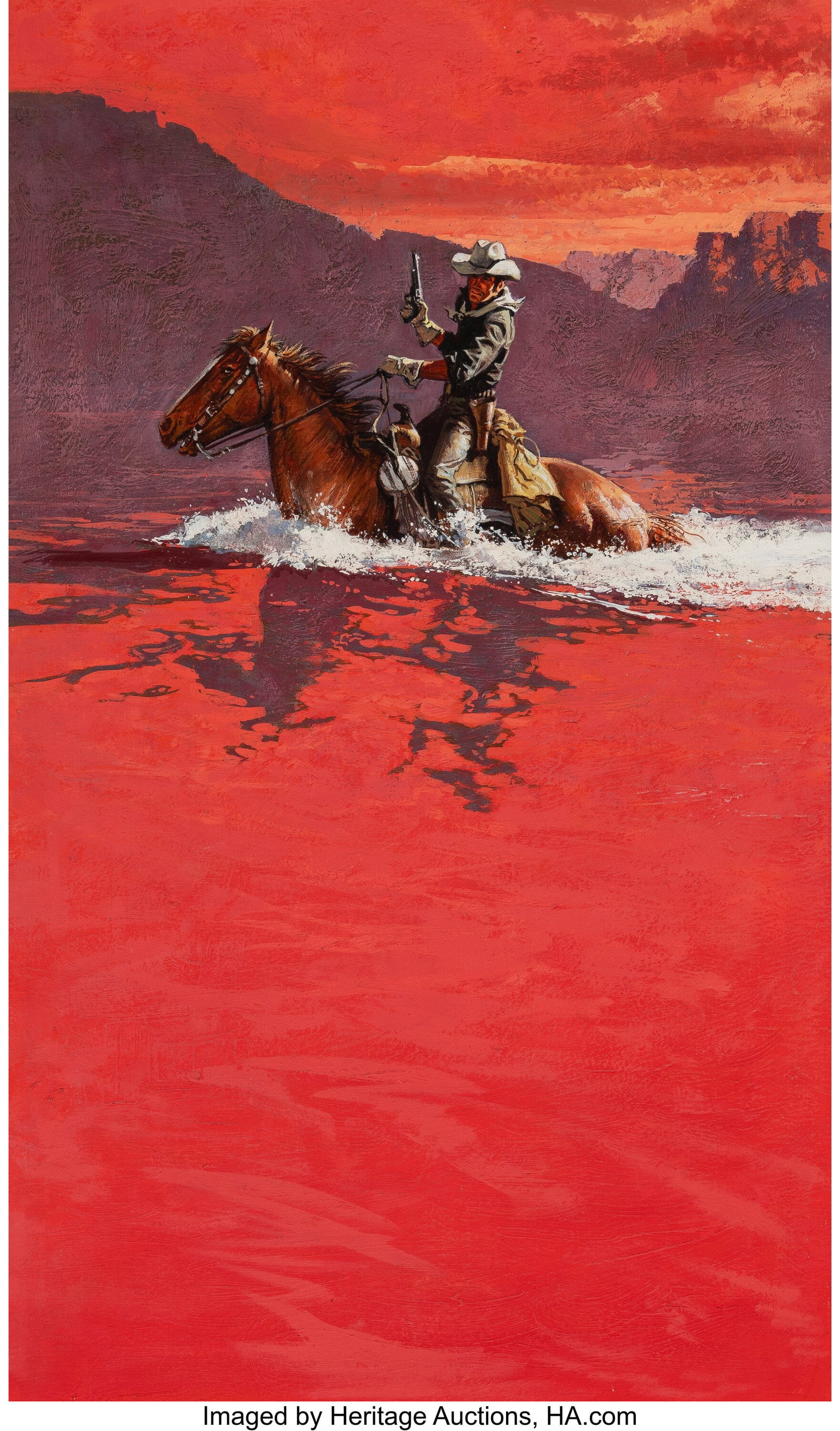 Attributed to Frank McCarthy (American, 1924-200: Attributed to Frank McCarthy (American, 1924-2002) Red Runs the River paperback cover, 1971 Mixed media on board 24 x 15 inches (61.0 x 38.1 cm) Not signe