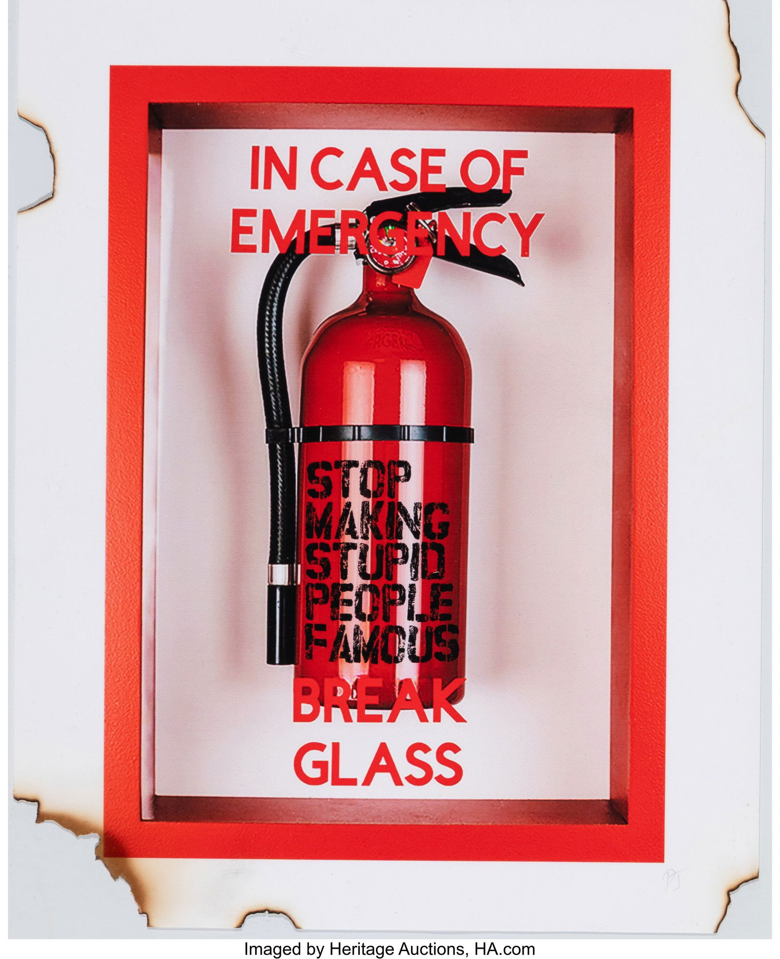 Plastic Jesus (20th Century) In Case of Emergenc: Plastic Jesus (20th Century) In Case of Emergency Break Glass - " Burnt but Back!", 2024 Screenprint in colors on hand-burnt paper 10 x 8 inches (25.4 x 20.3 cm