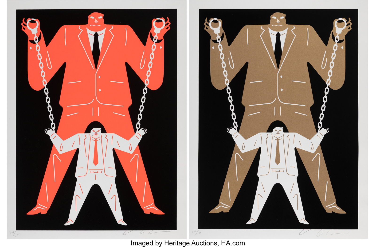 Cleon Peterson (b. 1973) Little Big Man Mueller: Cleon Peterson (b. 1973) Little Big Man Mueller / Trump (Gold, Red) (two works), 2018 Screenprints in colors on Coventry Rag paper 24 x 18 inches &