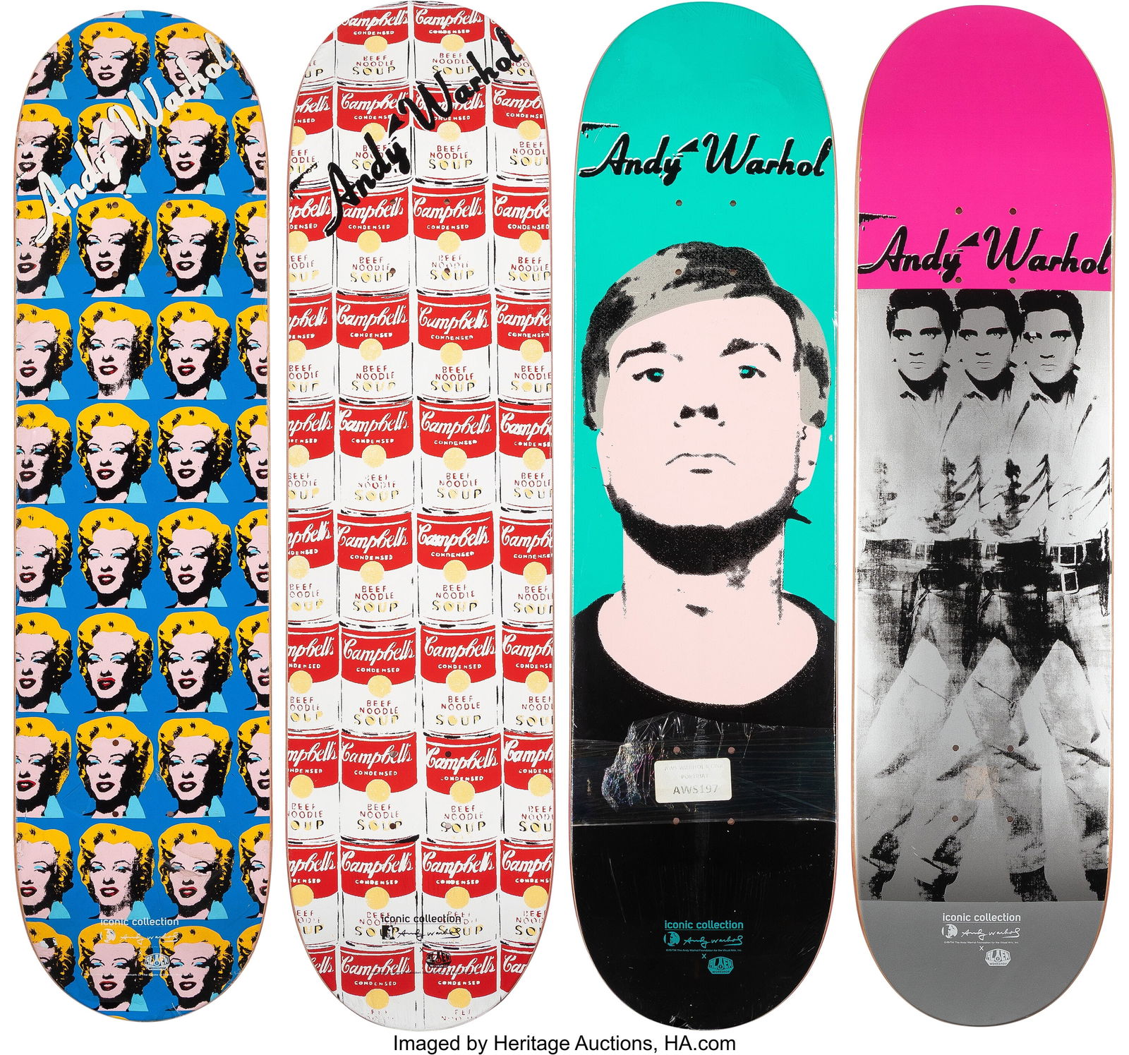 The Andy Warhol Foundation for the Visual Arts X: The Andy Warhol Foundation for the Visual Arts X Alien Workshop Andy Warhol Iconic Collection (quadriptych), 2011 Screenprints in colors on skate decks 32 x 8 inches (81.3