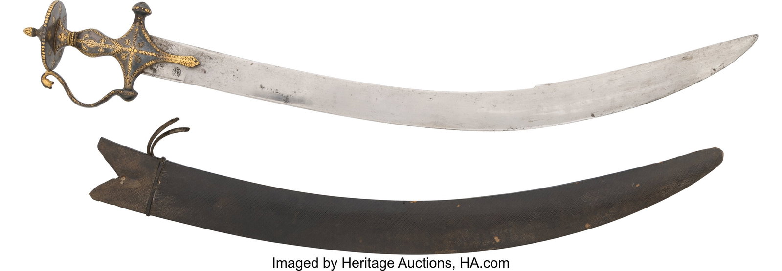 Indo-Persian Tulwar with Koftgari Gold-Inlaid Hi: Indo-Persian Tulwar with Koftgari Gold-Inlaid Hilt, 18th-19th Century. 28-inch single-edged blade, the back sharpened for the last 10 inches to form a false edge near the tip&period