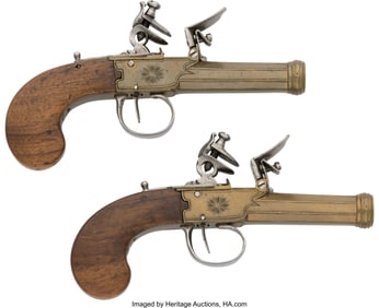 40042: Pair of Brass Flintlock Boxlock Pistols. Unser