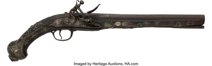 40043: Decorative Silver Inlaid Flintlock Pistol. Uns
