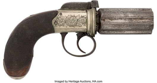 40055: English Engraved Pepperbox Pistol. Unserialize