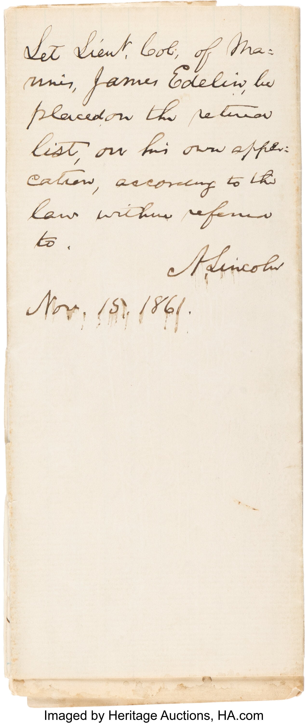 Abraham Lincoln Autograph Endorsement Signed wit: Abraham Lincoln Autograph Endorsement Signed with Related Gideon Welles Autograph Letter Signed. One page of a bifolium, 7 1/2 x 10 inches. President Lincoln adds his endorseme