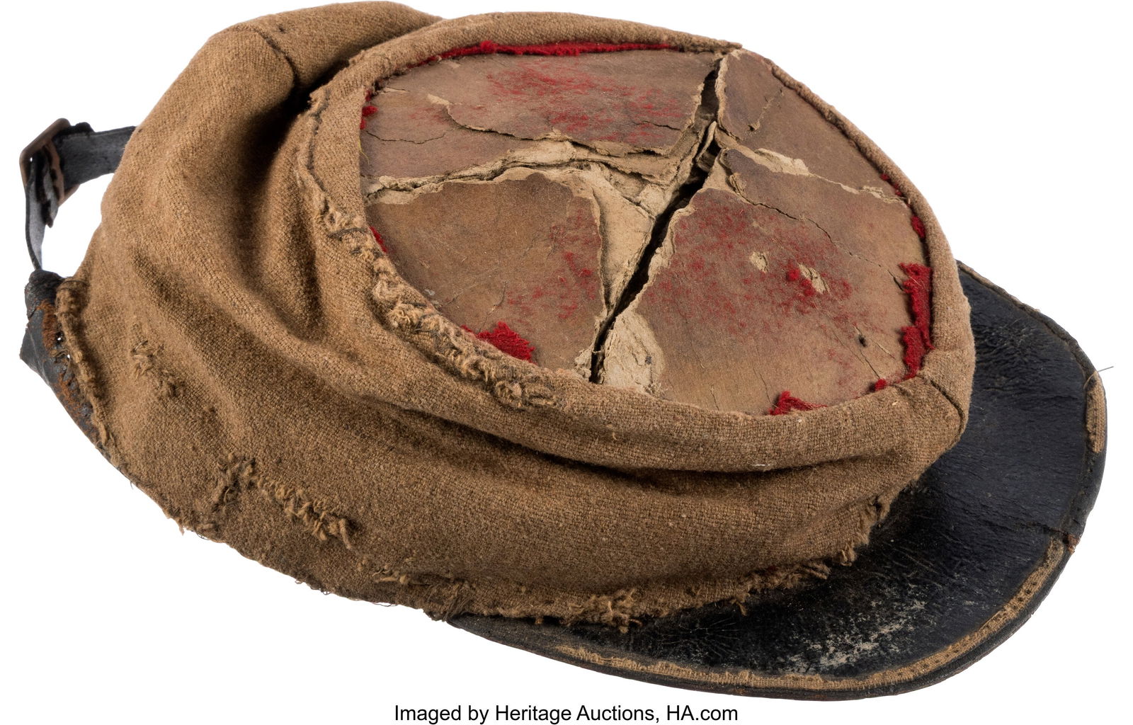 Rare Civil War Confederate Artillery Butternut K: Rare Civil War Confederate Artillery Butternut Kepi. A well-worn Confederate artillery kepi with butternut woolen body and traces of the red artillery cloth on the outer crown. This rare