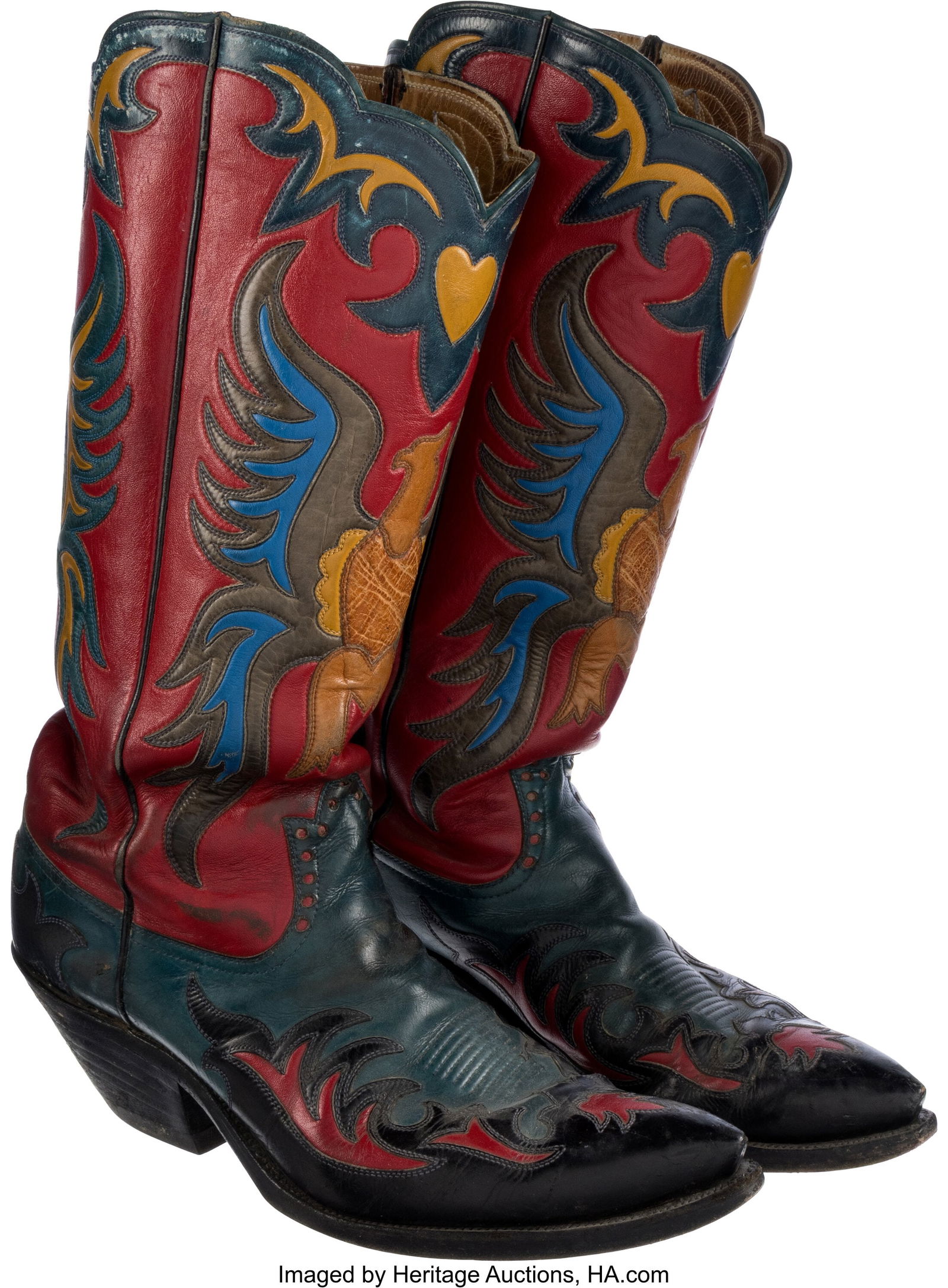 Joe Bowman Personally Worn / Handmade Phoenix Bi: Joe Bowman Personally Worn / Handmade Phoenix Bird Design Leather Boots. Constructed mainly on black and red leather. Front and back of each featuring Phoenix winged bird design&comm