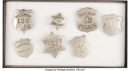 40184: Lot of Seven Vintage Police Badges. Including: