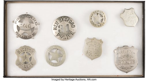 40187: Lot of Eight Law Enforcement Badges, Circa Early