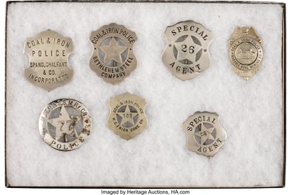 40188: Lot of Seven Mining and Railroad Police Badges.