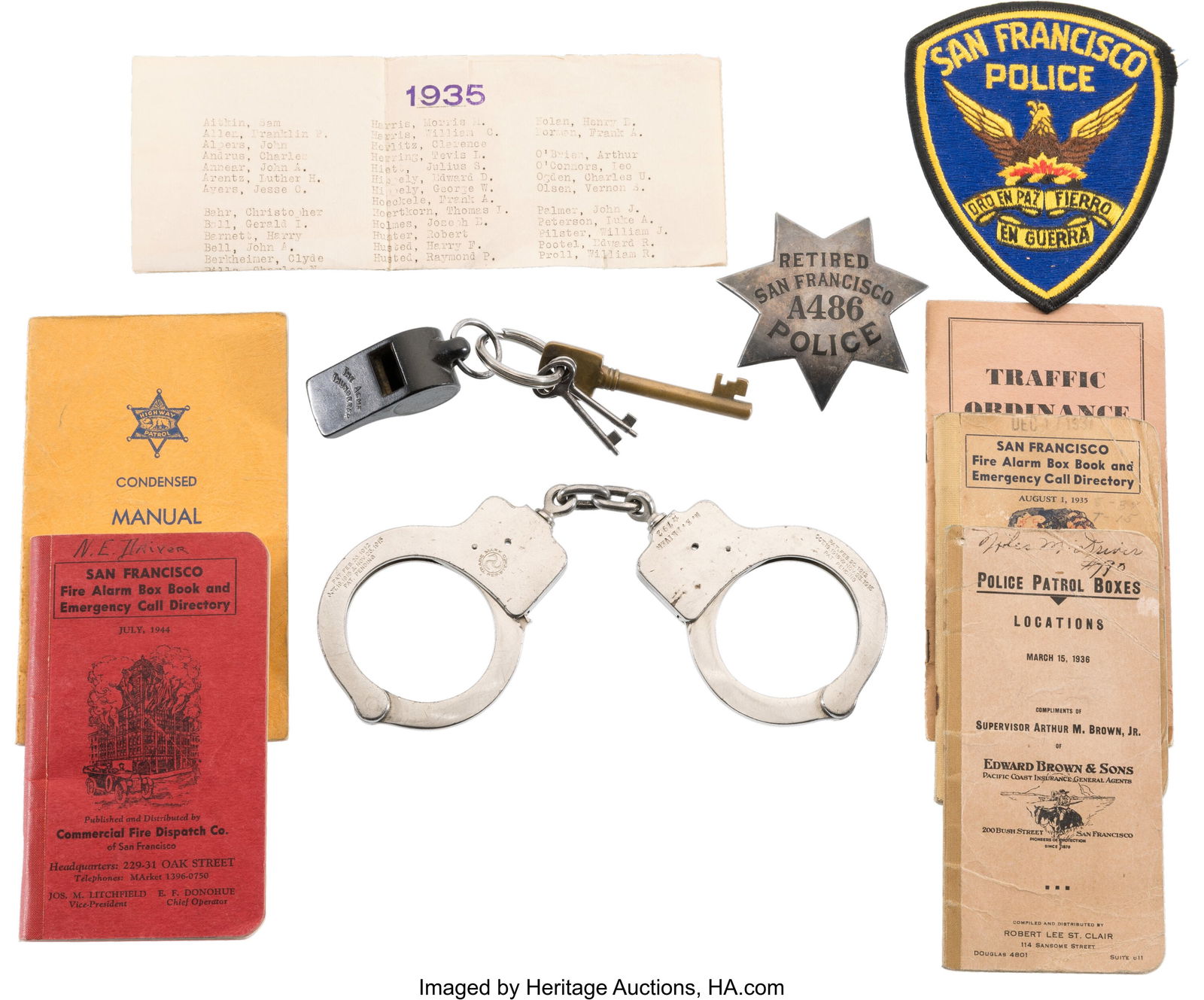 Historic Collection of San Francisco Police Memo: Historic Collection of San Francisco Police Memorabilia from Retired Officer Niles Driver; Including Badge, Handcuffs, Patrol Books & More. An outstanding and personal arch