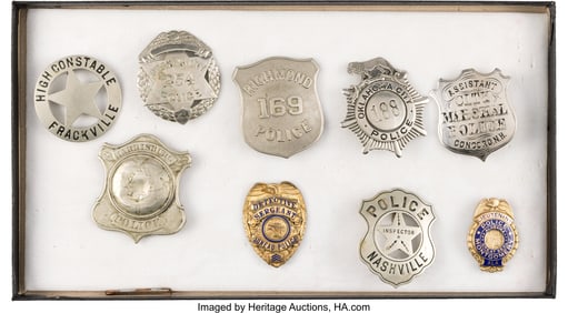 40191: Lot of Nine 20th Century Law Enforcement Badges.