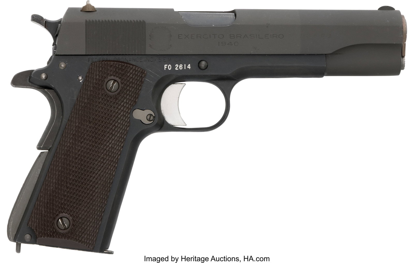 Brazilian Colt 1940 Semi-Automatic Pistol. Ser: Brazilian Colt 1940 Semi-Automatic Pistol. Serial no. FO 2614 [right side of frame], .45 caliber, 5-inch barrel with fixed front and rear sights. Bl
