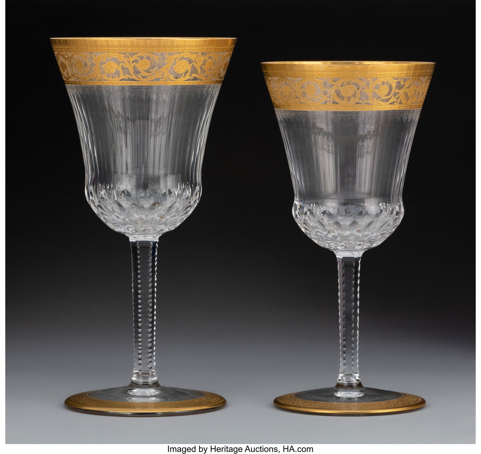 A Twenty Six-Piece St. Louis Thistle Pattern Par: A Twenty Six-Piece St. Louis Thistle Pattern Partial Gilt Glass Stemware Set, designed 1913 Marks: CRYSTAL, ST. LOUIS, FRANCE 7-1/2 x 3-3/4 inches (19.1 x 9.5 cm) (diam., tallest) The lot comprising:
