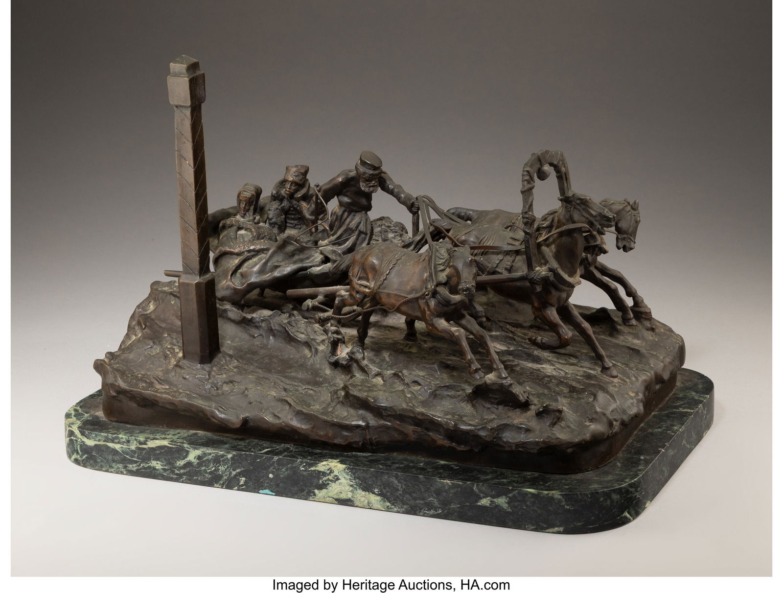 Vasily Grachev The Tsarskoe Mile Post, circa 187: Vasily Grachev The Tsarskoe Mile Post, circa 1877 Bronze and marble-mounted 12 x 17-3/4 x 11-3/4 inches (30.5 x 45.1 x 29.8 cm) (overall) Ed&peri