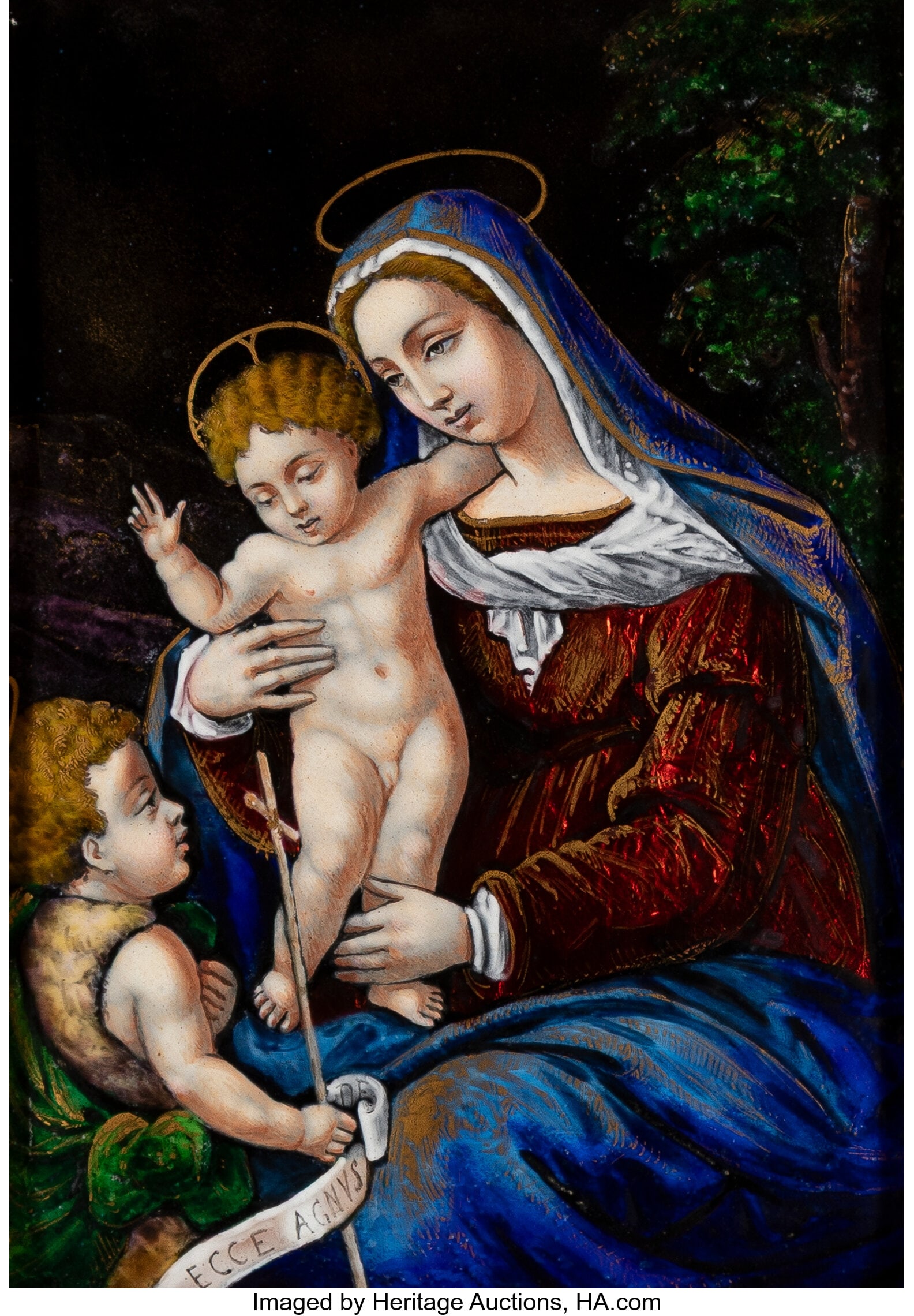 A Framed Limoges Enamel Plaque: Madonna and Chil: A Framed Limoges Enamel Plaque: Madonna and Child with Saint John the Baptist 5-1/8 x 3-1/2 inches (13.0 x 8.9 cm) (sight) HID03101062020 © 2025 He