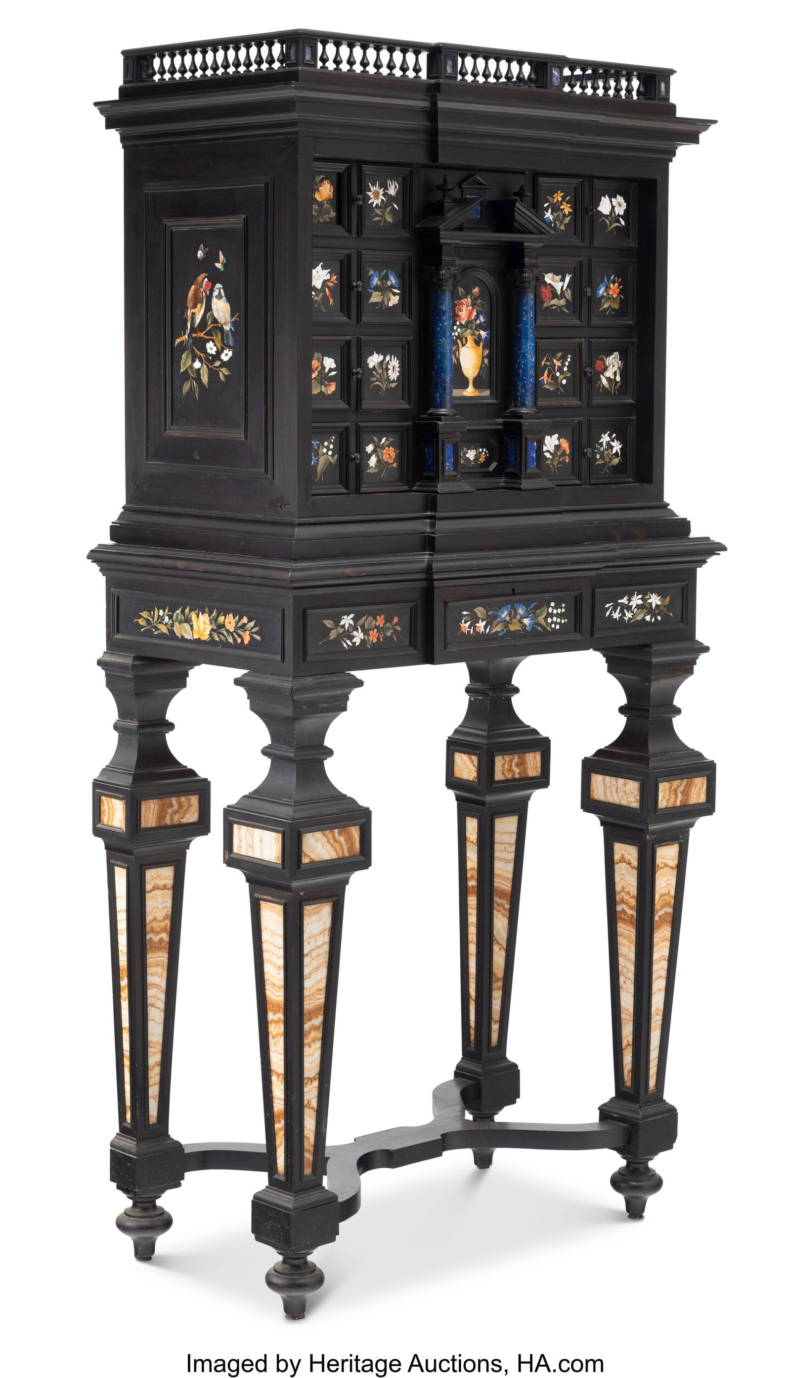 An Italian Ebonized Wood, Pietra Dura Inlaid, an: An Italian Ebonized Wood, Pietra Dura Inlaid, and Marble-Mounted Cabinet Attributed to Enrico Bossi 62-1/2 x 29-1/2 x 17 inches (158.8 x 74.9 x 43.2 cm) HID03101062020 © 2025 Heritage Auctions | All