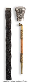 63087&colon; A Brass and Bamboo Ebonized Wood Cane&colon; Opium Pip