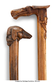 63095&colon; Two Greek Carved Olive Wood Figural Canes&comma; circa