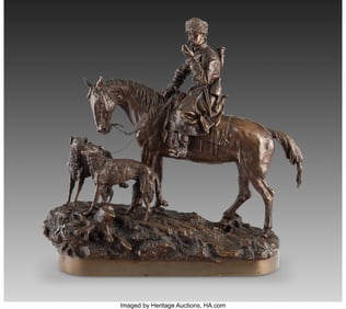 Vasily Grachev. Hunter with Two Borzoi. Bronze with brown patina