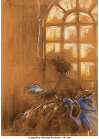 28013: Louis Icart Blue Ribbon Pastel on brown paper 24
