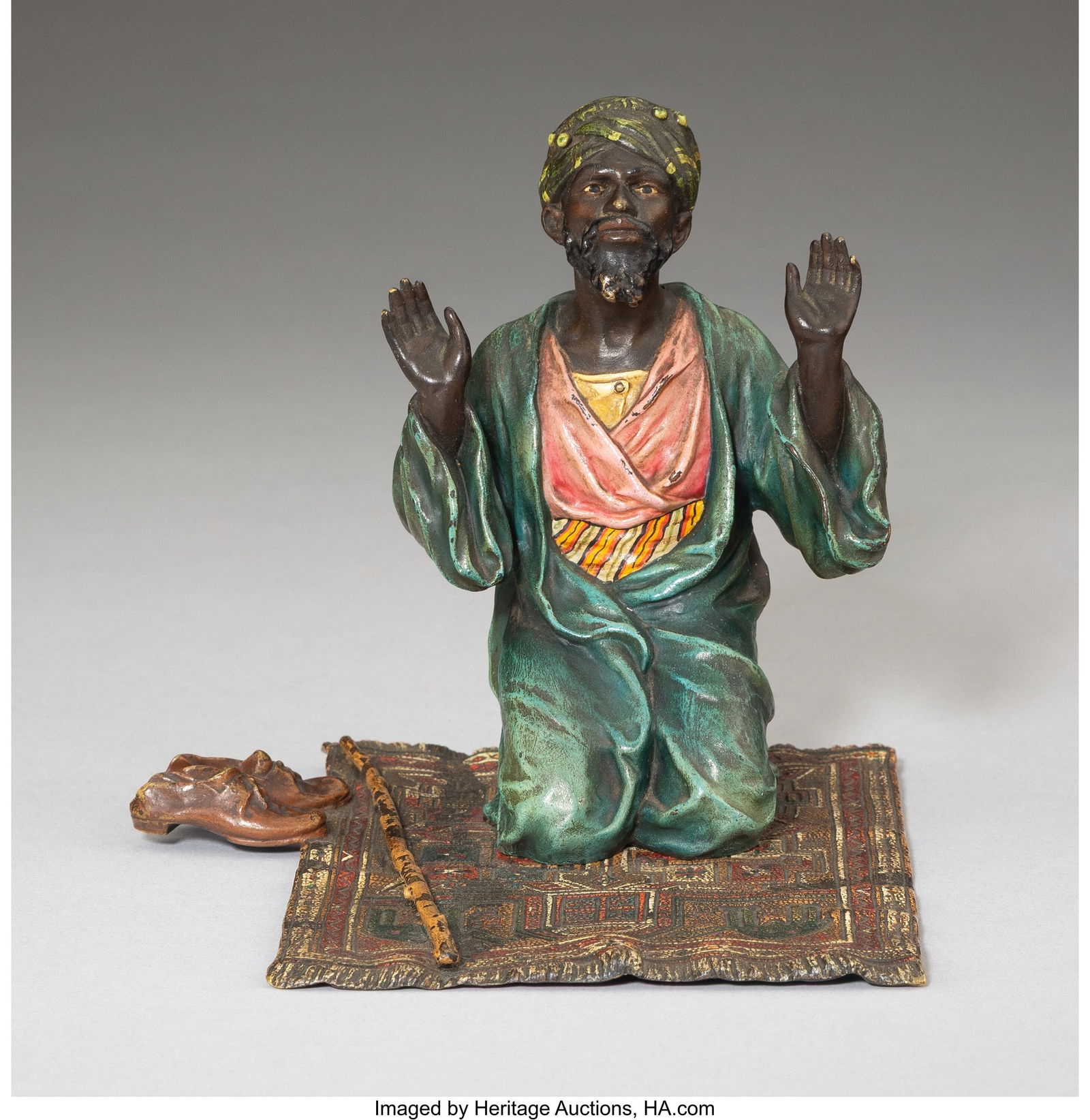 A Franz Bergman Cold-Painted Bronze Figure: Man: A Franz Bergman Cold-Painted Bronze Figure: Man at Prayer, circa 1900 Marks: (amphora-B), GESCHÜTZT 5-1/4 x 5-1/2 x 5-3/4 inches (13.3 x