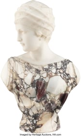 28057: A Guglielmo Pugi Carved Marble Bust: Woman in Tu