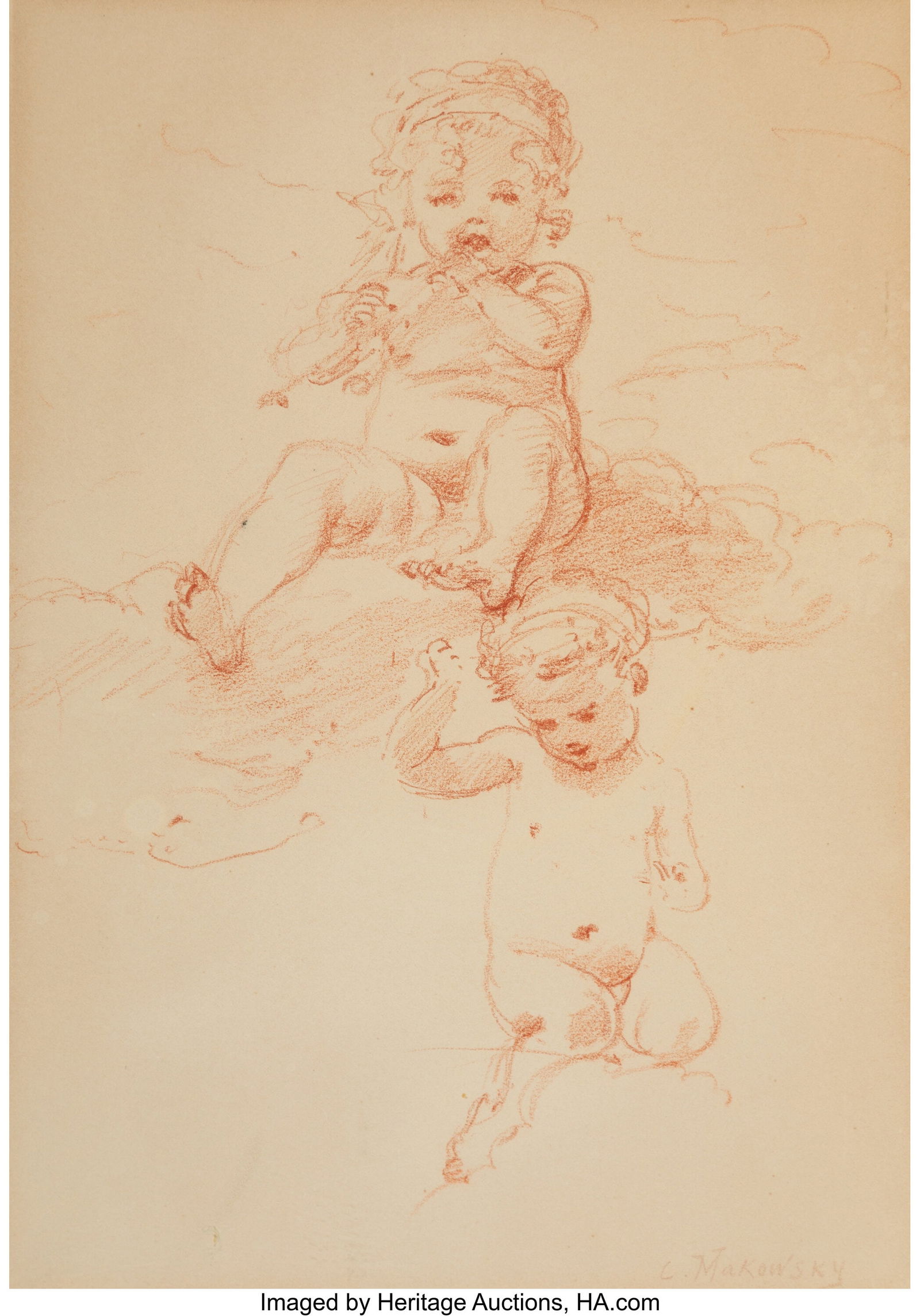 Konstantin Makovsky (Russian, 1839-1915) Study o: Konstantin Makovsky (Russian, 1839-1915) Study of Two Putti, circa 1886-1889 Red chalk on paper 11-3/8 x 8 inches (28.9 x 20.3 cm) (sight) S