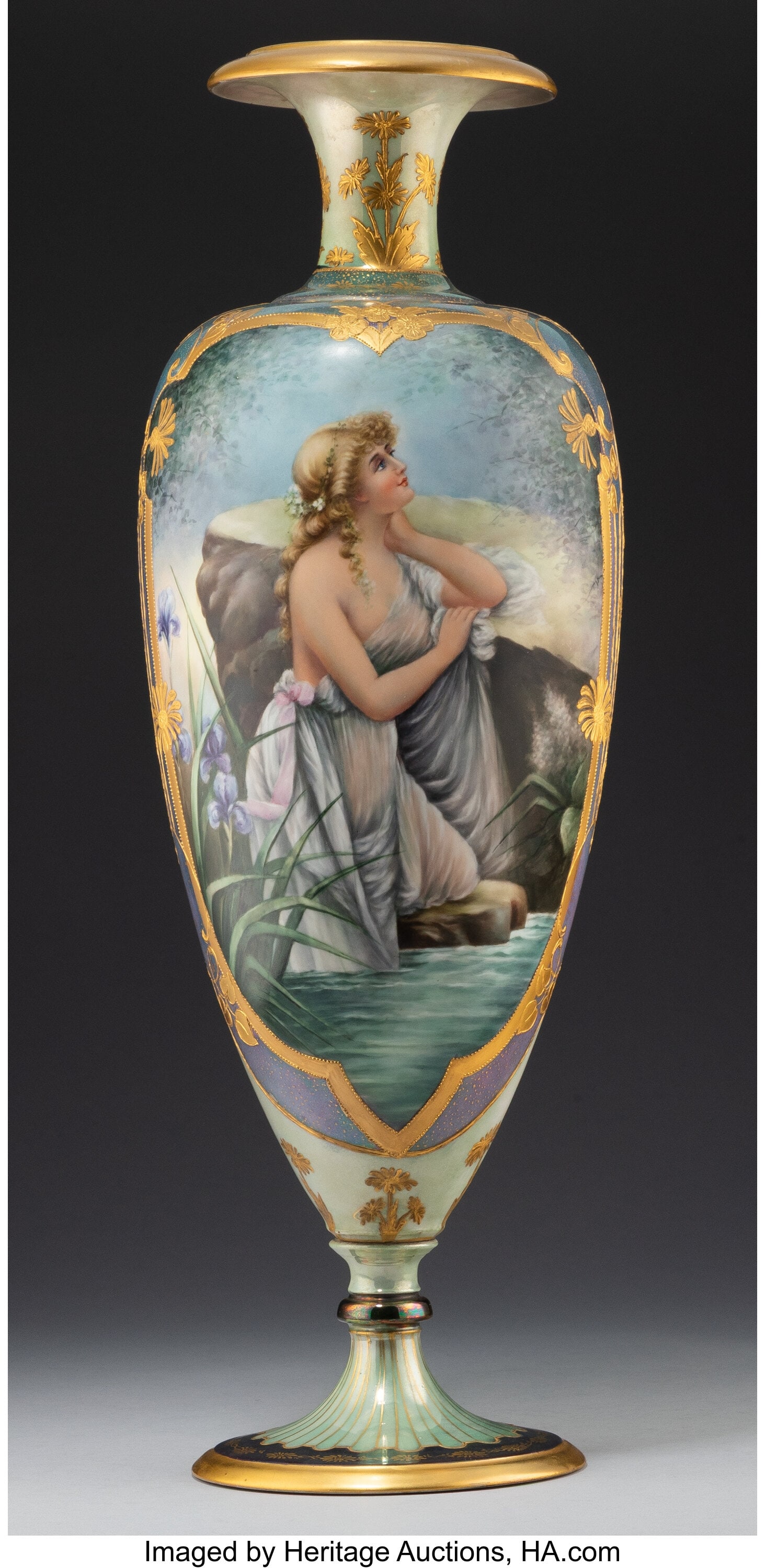 A William Guerin & Co. Limoges Partial Gilt Porc: A William Guerin & Co. Limoges Partial Gilt Porcelain Urn, early 20th century Marks: LIMOGES, WM GUERIN & CO, FRANCE 22 x 6-3/4 x 6-3/4 inches (55&p