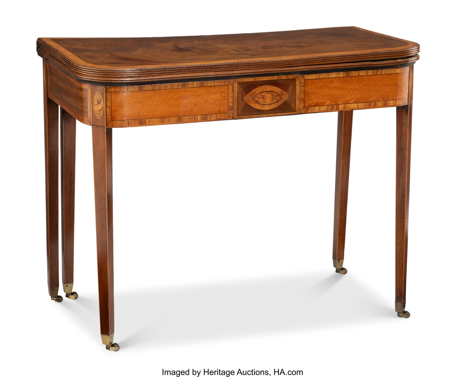 A George III Carved Wood Inlaid Card Table, circ: A George III Carved Wood Inlaid Card Table, circa 1790 28 x 35-1/2 x 36 inches (71.1 x 90.2 x 91.4 cm) (opened) PROVENANCE: Purchased from Hali