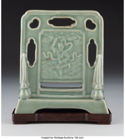 28119: A Chinese Celadon-Glazed Figural Table Screen on