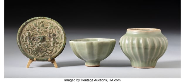 28122: Two Chinese Celadon-Glazed Ribbed Cups and a Bro