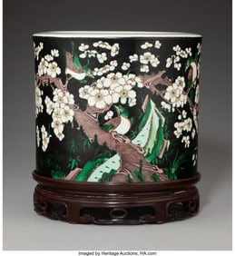 28144: A Chinese Famille Noire 'Bird and Flower' Brushp