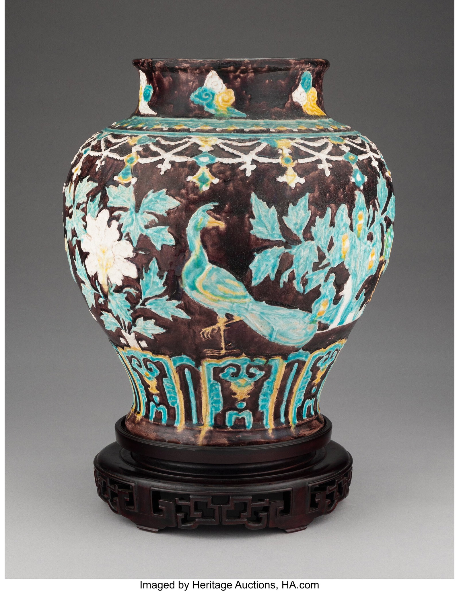 A Chinese Fahua-Style Vase, 20th century 12-3/4 : A Chinese Fahua-Style Vase, 20th century 12-3/4 x 11 inches (32.4 x 27.9 cm) (diam.) Of ovoid form rising to a short waisted neck and everted rim&com