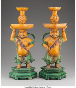 28147: A Pair of Chinese Sancai-Glazed Figural Candle H