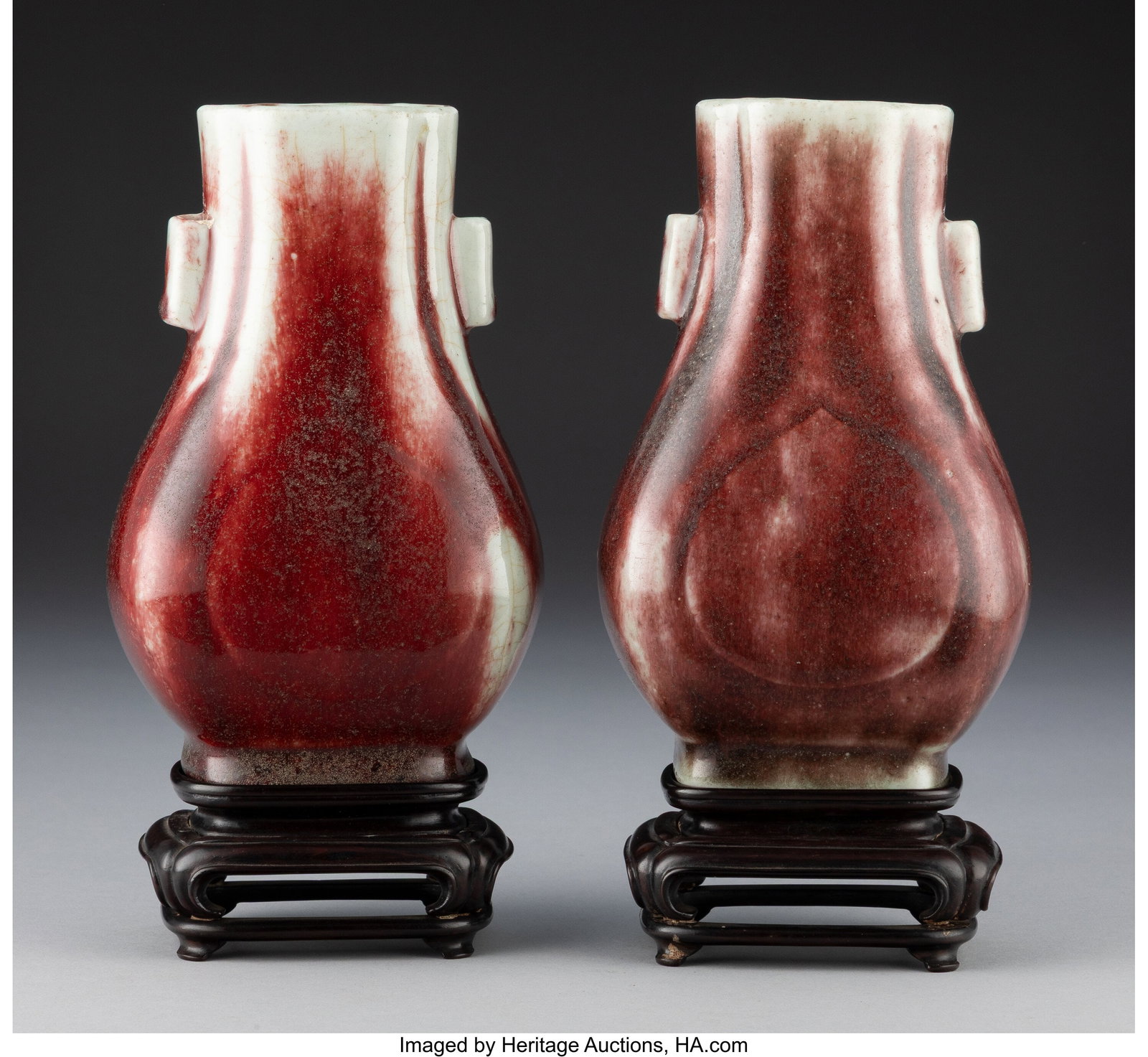 A Pair of Chinese Oxblood-Glazed Fang Hu Vases, : A Pair of Chinese Oxblood-Glazed Fang Hu Vases, 20th century 6-1/2 x 3-3/4 x 3 inches (16.5 x 9.5 x 7.6 cm) (work, each) 7-3/4 x 3-3&so