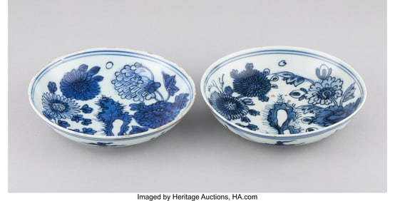 28163: A Pair of Chinese Blue and White Dishes Marks: (