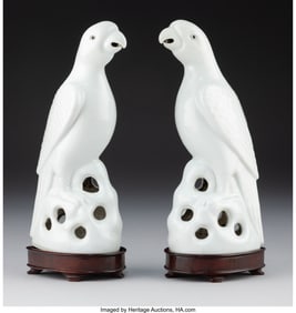 28164: A Pair of Chinese Blanc-de-Chine Glazed Figures of Parrots