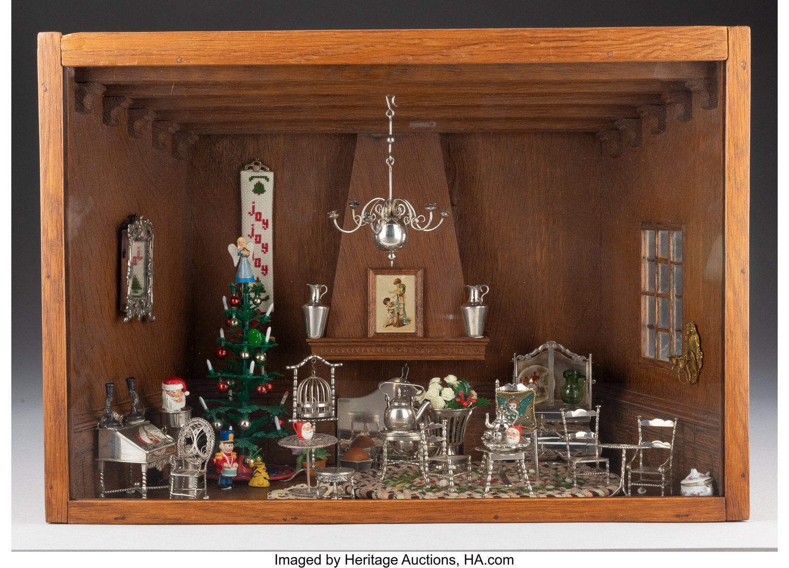 A Miniature Room Set with Continental Silver Fur: A Miniature Room Set with Continental Silver Furnishings Marks to hutch: (lion-2), (Minerva Head), HH, P 11 x 15-3/4 x 7-3/4 inches (27.