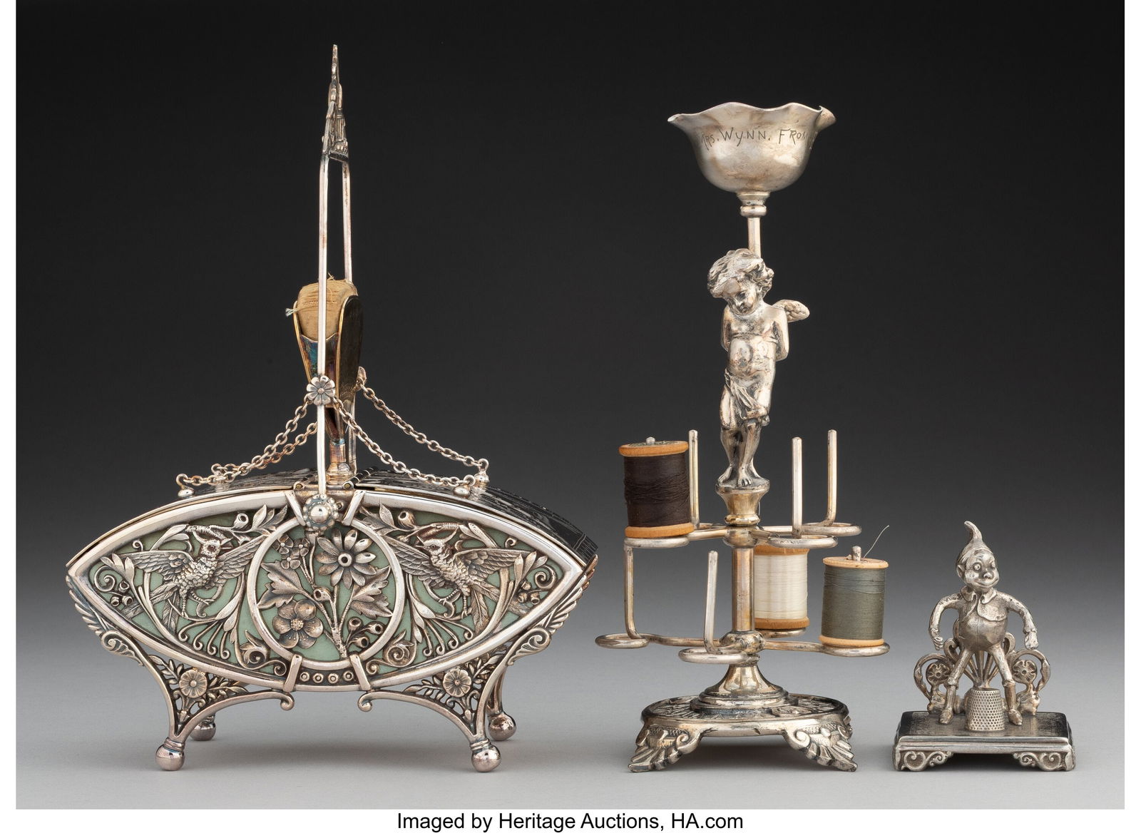 Three American Silver-Plated Table Top Sewing Ar: Three American Silver-Plated Table Top Sewing Articles Marks to tallest: JAMES W. TUFTS, BOSTON, WARRANTED, QUADRUPLE PLATE, 3318 9-1/8 x 4-1/8 x 4-1/8