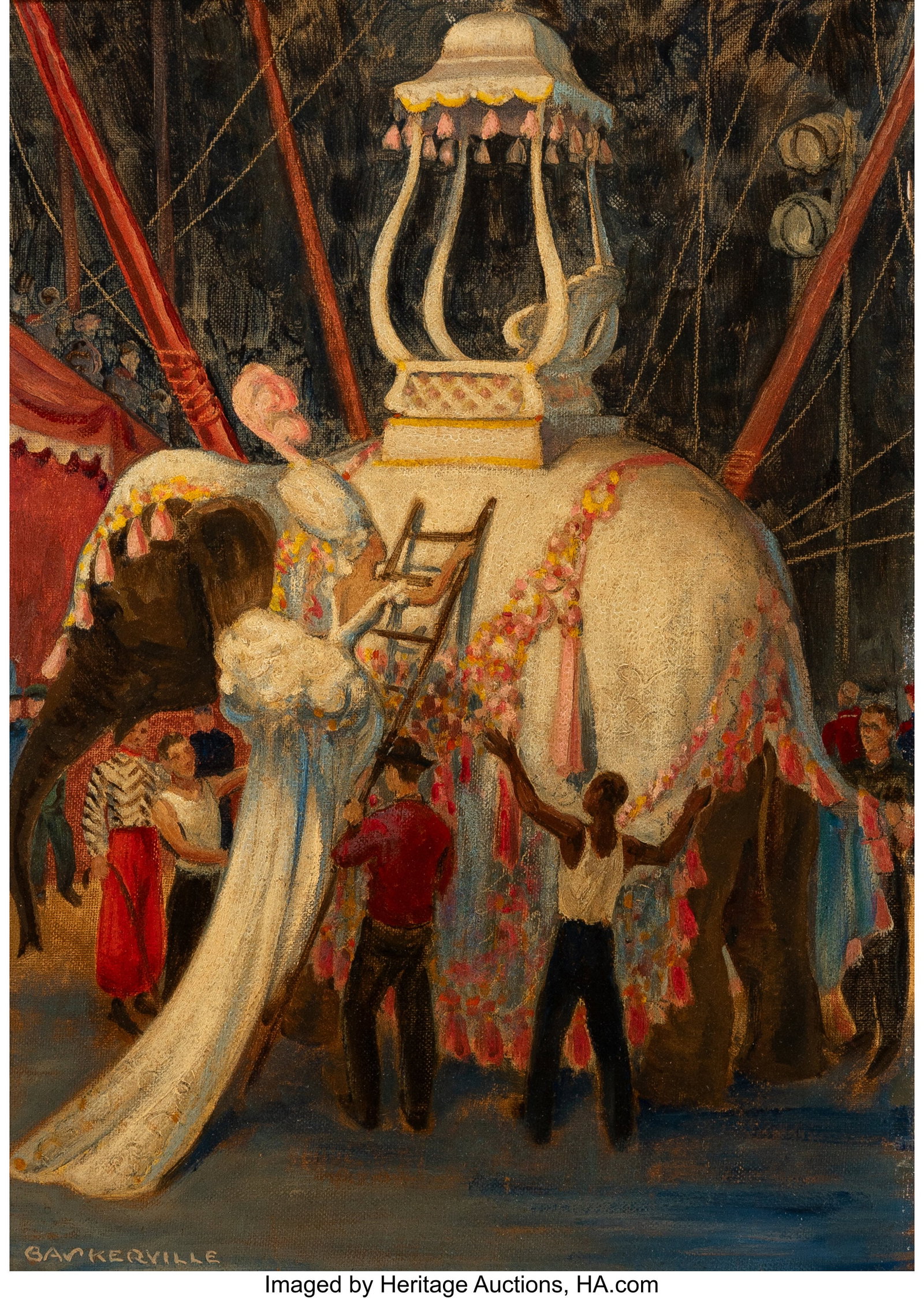 Charles, Jr. Baskerville (American, 1896-1994) G: Charles, Jr. Baskerville (American, 1896-1994) Goose Mounting Her Elephant, Ringling Brothers Circus, 1941 Oil on canvasboard 14 x 10 inches (35.6 