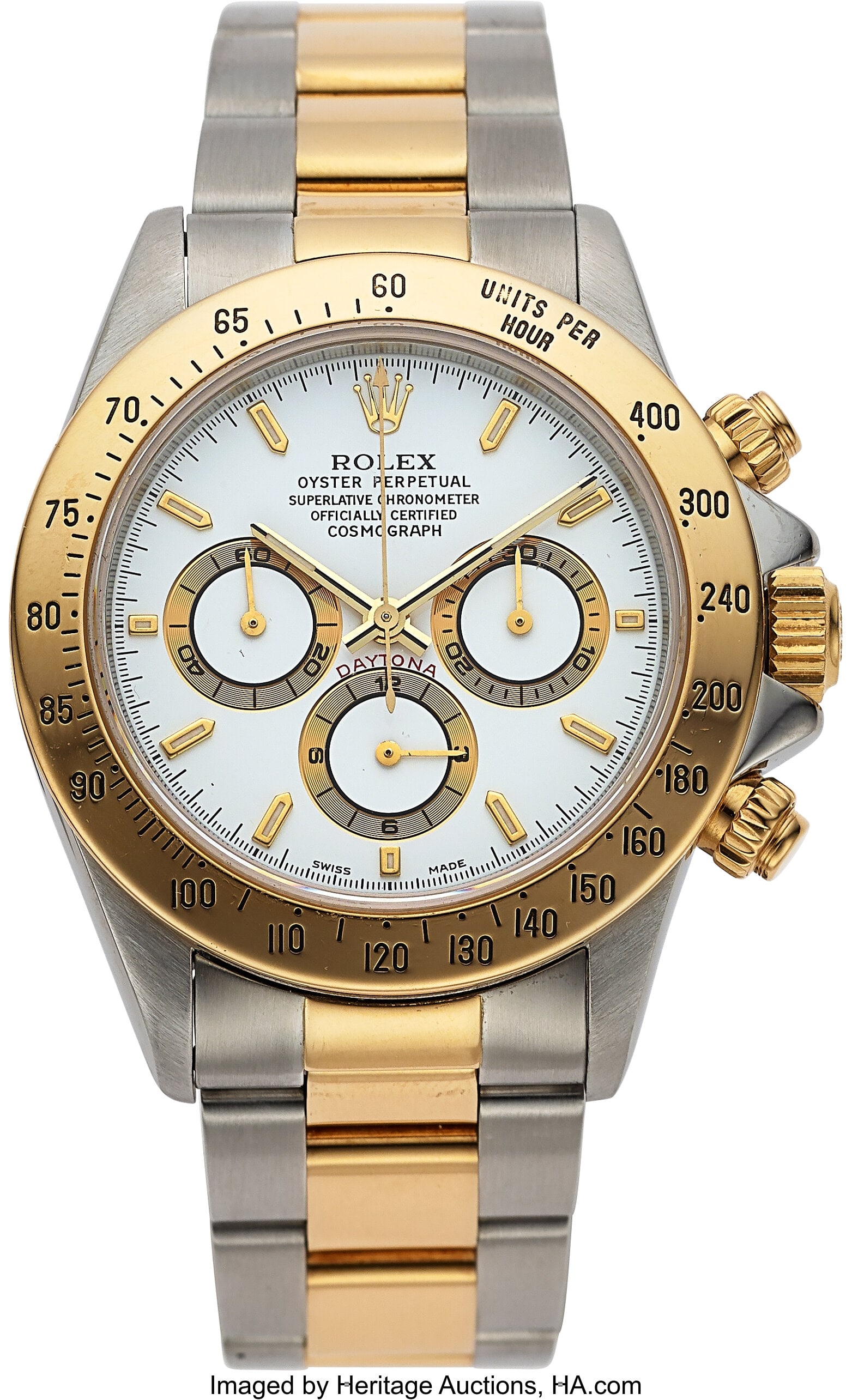 Rolex Daytona Two Tone 18k Yellow Gold And Stain: Rolex Daytona Two Tone 18k Yellow Gold And Stainless Steel "Zenith" Wrist Watch Ref. 16523 Case: 40 mm, 18k gold and stainless steel, three body, gold bezel, W2791