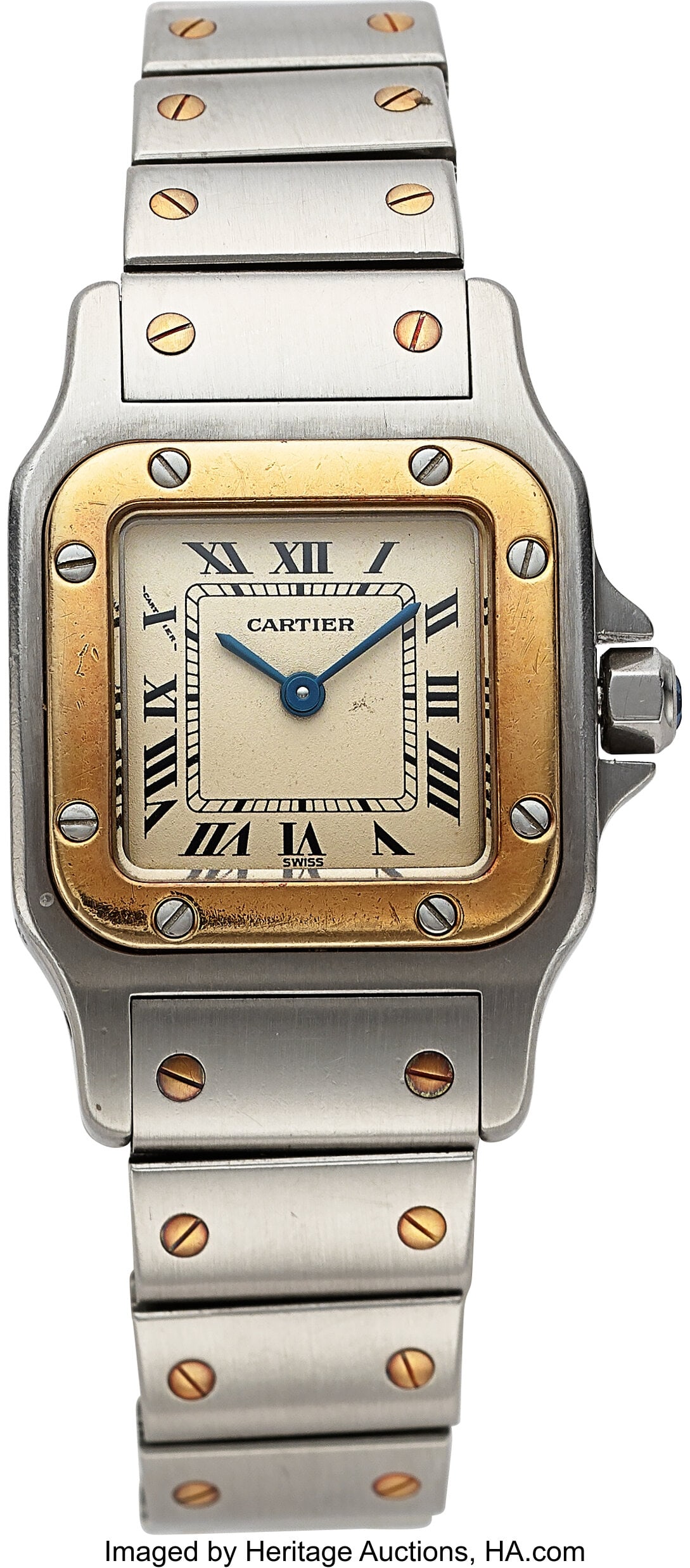 Cartier Lady's 18K Yellow Gold & Steel Santos Qu: Cartier Lady's 18K Yellow Gold & Steel Santos Quartz Wristwatch Case: 24 mm,18k & stainless steel, three body case 8 screw back, 166930 06994 Dial: white enamel R