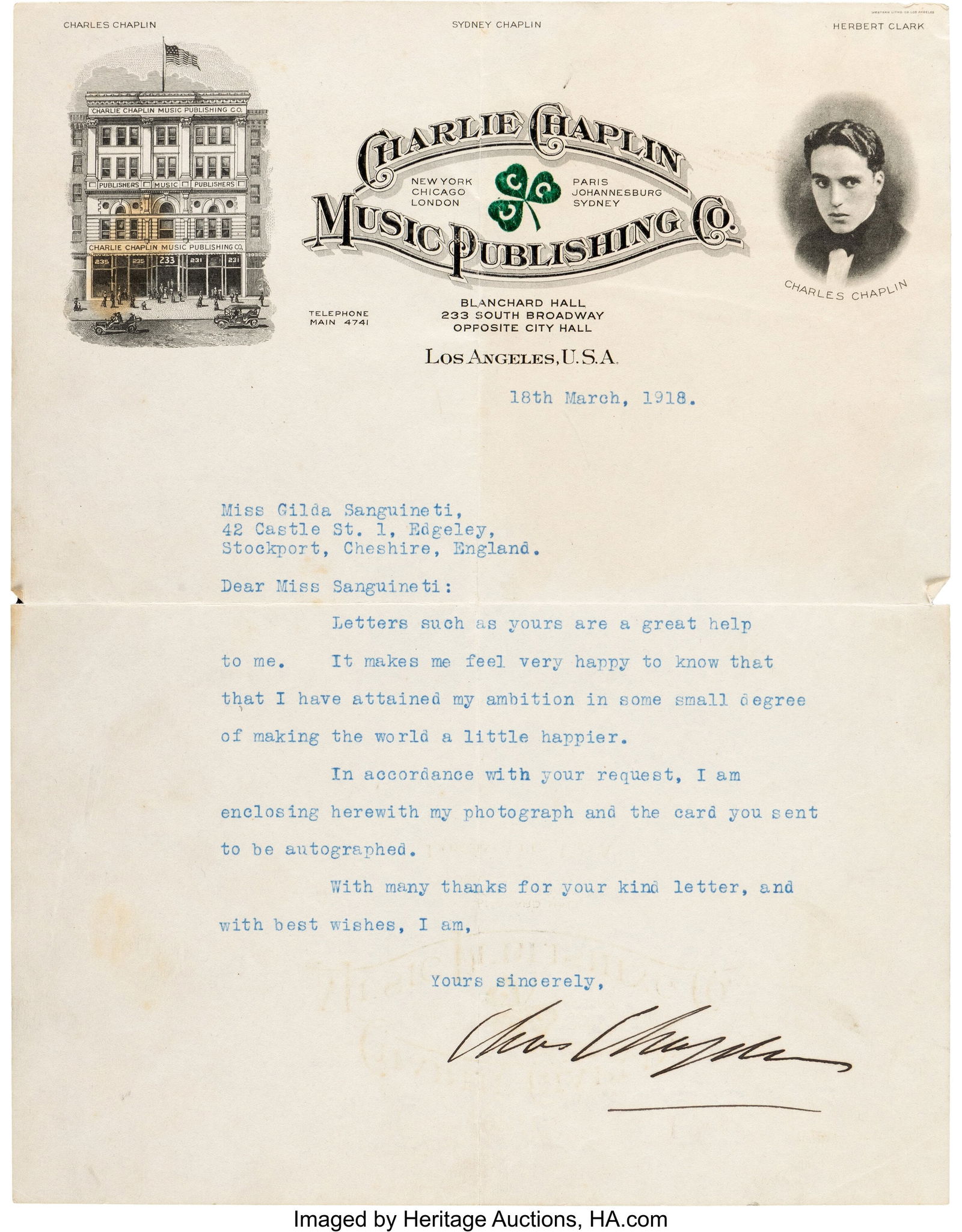 Charlie Chaplin Signed Letter to Fan (1918). Vi (1 of 2)